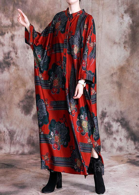 Vivid stand collar cotton Tunics Work Outfits red print Maxi Dress fall - SooLinen