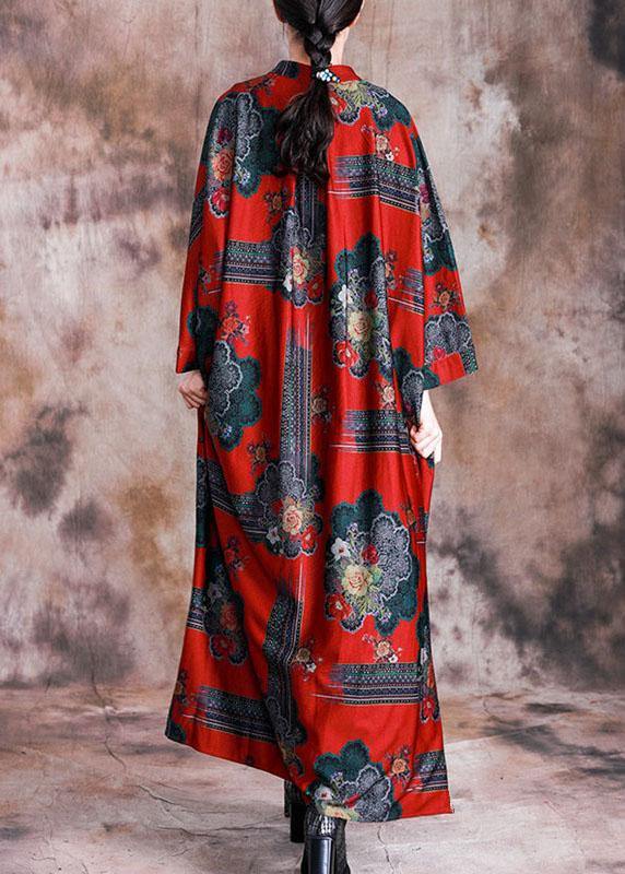 Vivid stand collar cotton Tunics Work Outfits red print Maxi Dress fall - SooLinen