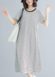 Vivid striped cotton Long Shirts o neck asymmetric Dresses - SooLinen