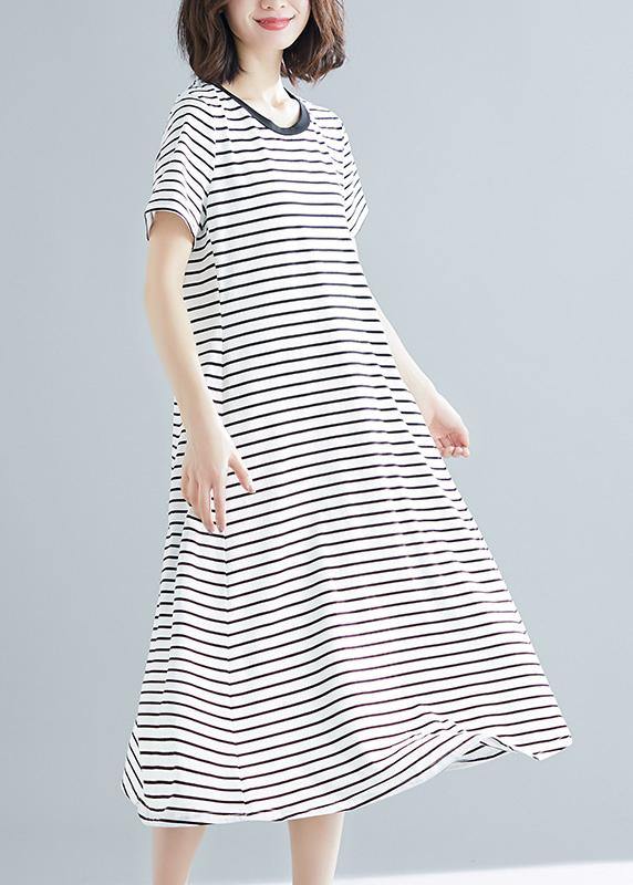 Vivid striped cotton Long Shirts o neck asymmetric Dresses - SooLinen