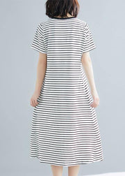 Vivid striped cotton Long Shirts o neck asymmetric Dresses - SooLinen