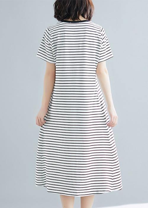 Vivid striped cotton Long Shirts o neck asymmetric Dresses - SooLinen