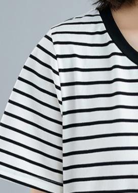 Vivid striped cotton Long Shirts o neck asymmetric Dresses - SooLinen