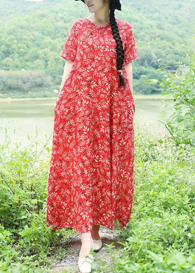 Vivid v neck linen Long Shirts Catwalk red print Maxi Dresses summer - SooLinen