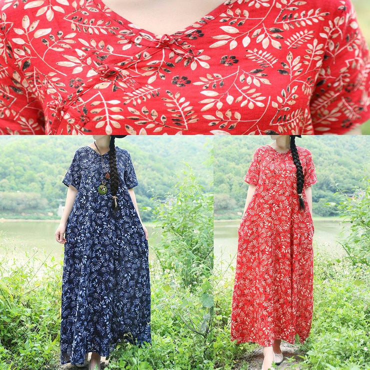 Vivid v neck linen Long Shirts Catwalk red print Maxi Dresses summer - SooLinen