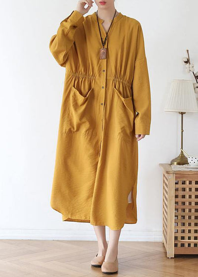 Vivid v neck pockets cotton spring tunic dress Sewing yellow Kaftan Dress - SooLinen