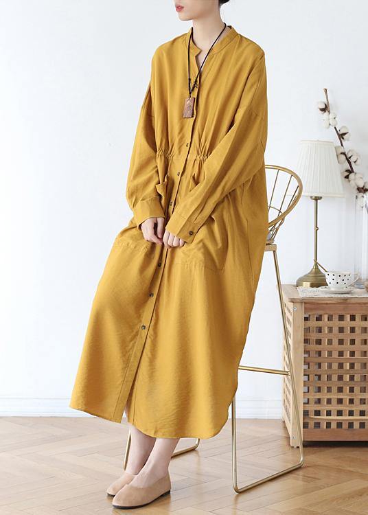 Vivid v neck pockets cotton spring tunic dress Sewing yellow Kaftan Dress - SooLinen