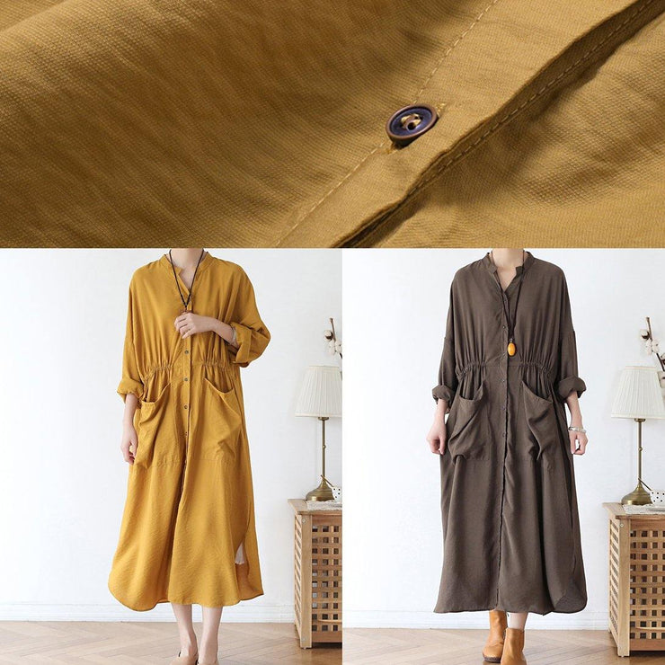 Vivid v neck pockets cotton spring tunic dress Sewing yellow Kaftan Dress - SooLinen