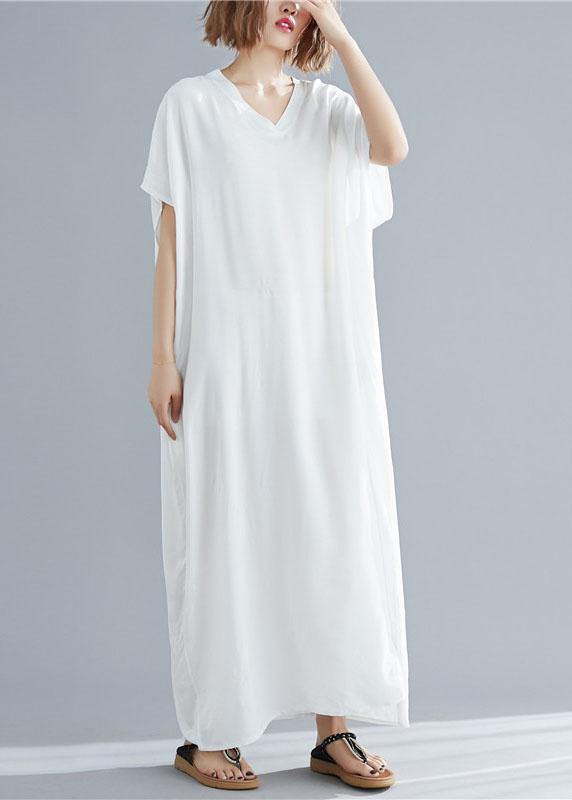 Vivid v neck pockets linen summer Robes Shape white Dresses - SooLinen