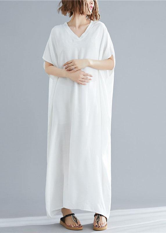 Vivid v neck pockets linen summer Robes Shape white Dresses - SooLinen