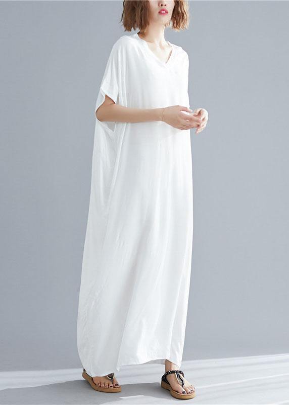 Vivid v neck pockets linen summer Robes Shape white Dresses - SooLinen