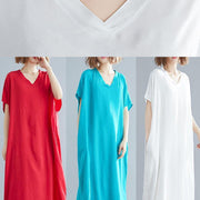 Vivid v neck pockets linen summer Robes Shape white Dresses - SooLinen