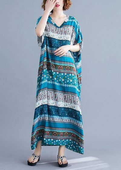 Vivid v neck short sleeve cotton quilting clothes blue print Maxi Dresses - SooLinen