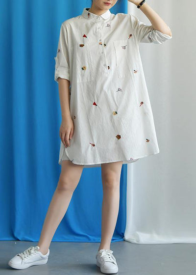 Vivid white Cotton quilting clothes embroidery loose fall Dress - SooLinen