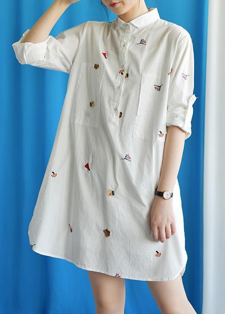 Vivid white Cotton quilting clothes embroidery loose fall Dress - SooLinen