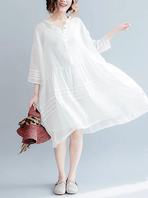 Vivid white Cotton tunic dress v neck half sleeve short Dresses - SooLinen