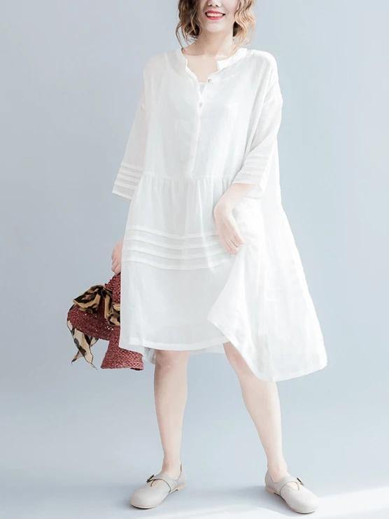 Vivid white Cotton tunic dress v neck half sleeve short Dresses - SooLinen