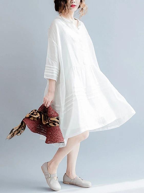 Vivid white Cotton tunic dress v neck half sleeve short Dresses - SooLinen