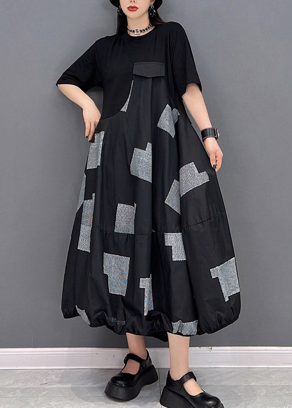 Vogue Black O-Neck Print Patchwork Long Dress Short Sleeve