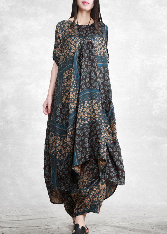 Vogue Blue O-Neck Print Shirts And Wide Leg Pants Silk Two Piece Set Half Sleeve