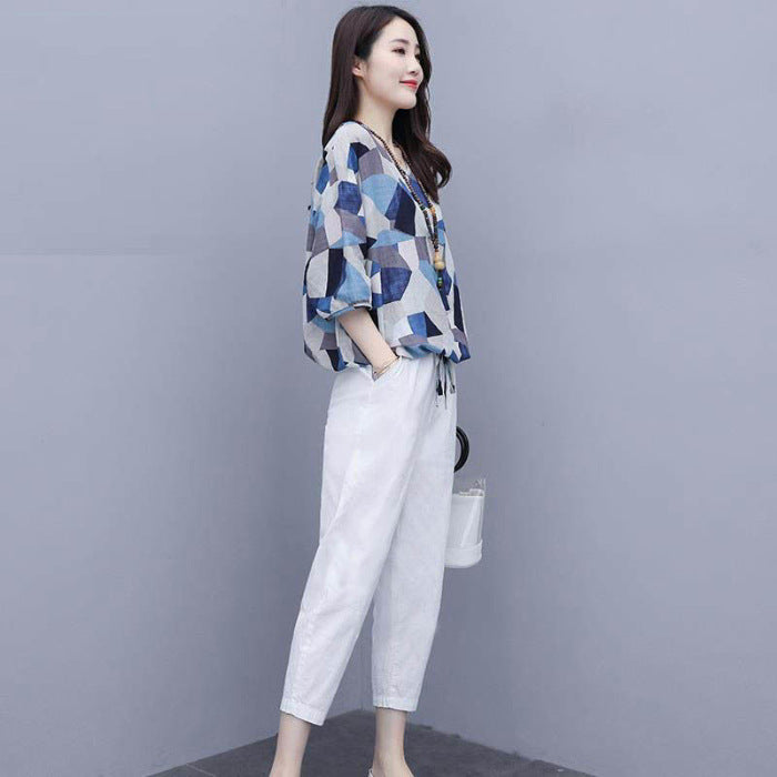 Vogue Blue Print Tops And Crop Pants Summer