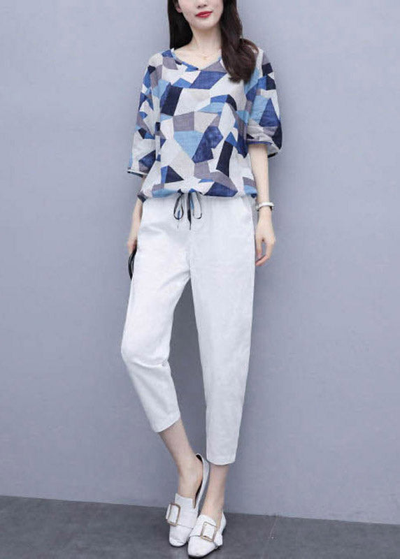 Vogue Blue Print Tops And Crop Pants Summer