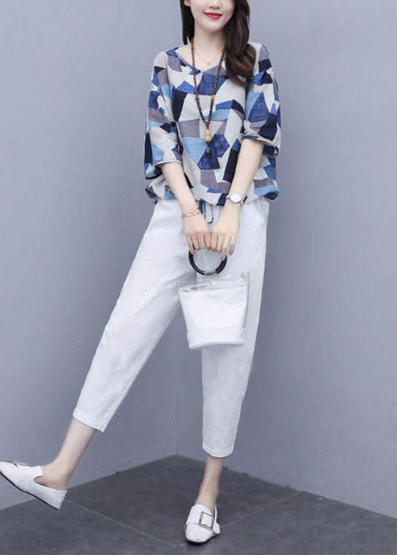 Vogue Blue Print Tops And Crop Pants Summer