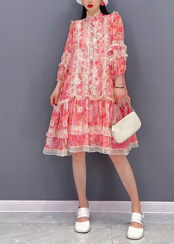 Vogue Red Stand Collar Print Patchwork Lace Ruffled Chiffon Dress Long sleeve