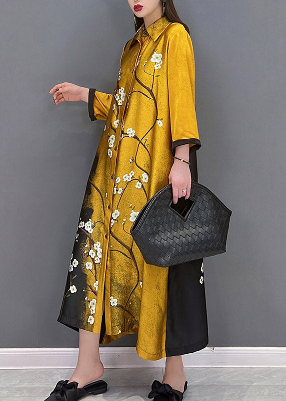 Vogue Yellow Peter Pan Collar Print Button Silk Long Dress Long Sleeve