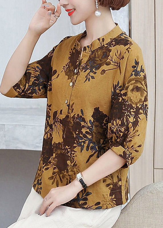 Vogue Yellow V Neck Print Button Shirt Half Sleeve