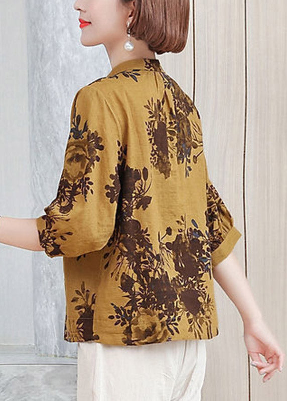 Vogue Yellow V Neck Print Button Shirt Half Sleeve