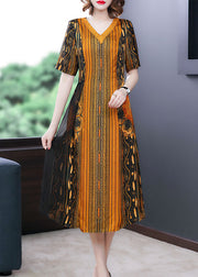 Vogue Yellow V Neck Striped Print Silk Women's Dress Short Sleeve