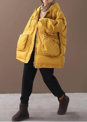 Warm Loose fitting snow jackets drawstring hem outwear yellow hooded women short coats - SooLinen