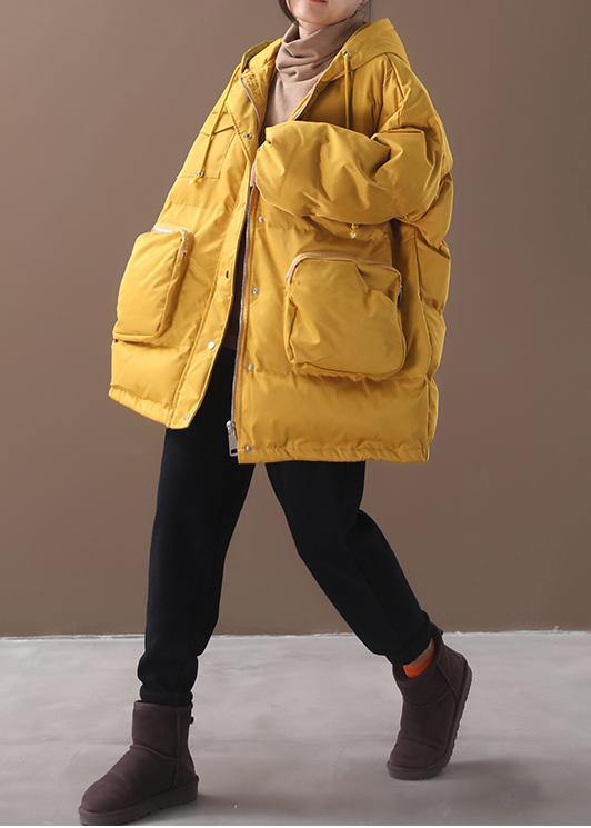 Warm Loose fitting snow jackets drawstring hem outwear yellow hooded women short coats - SooLinen