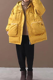 Warm Loose fitting snow jackets drawstring hem outwear yellow hooded women short coats - SooLinen