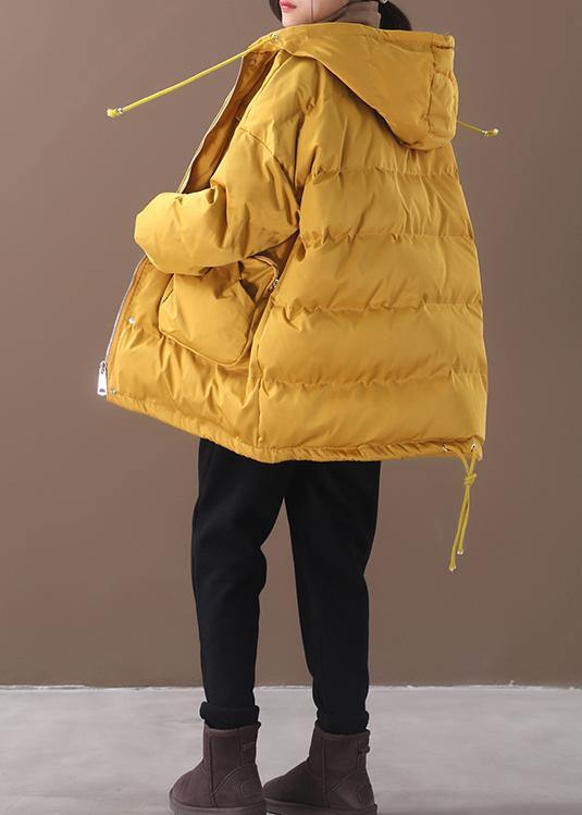 Warm Loose fitting snow jackets drawstring hem outwear yellow hooded women short coats - SooLinen