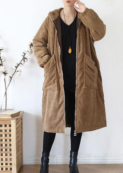 Warm casual winter jacket hoodedovercoat khakicorduroy warm winter coat - SooLinen