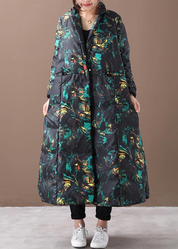 Warm floral winter coat oversize stand collar large hem goose down coats - SooLinen