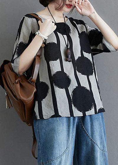 Water Ink Polka Dot Stripe Printed Cotton Linen T-shirt - SooLinen