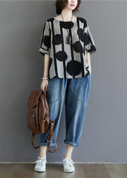 Water Ink Polka Dot Stripe Printed Cotton Linen T-shirt - SooLinen