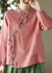 Watermelon Red Embroideried Floral Linen Shirt Long Sleeve