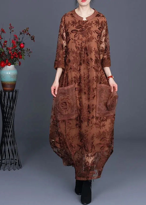 Italian Black Jacquard Long Lace Dress Casual Spring Maxi Dress