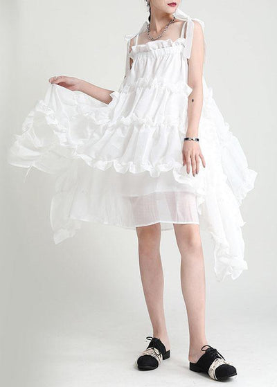 White Asymmetrical Design Patchwork Summer Tiered Party Dress Sleeveless - SooLinen