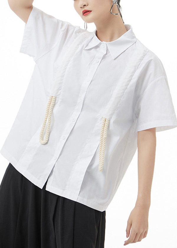 White Baggy Cotton Shirt Top Drawstring Short Sleeve