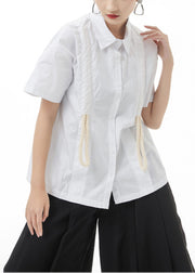 White Baggy Cotton Shirt Top Drawstring Short Sleeve