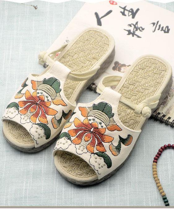 White Embroideried Cotton Flip Flops - SooLinen