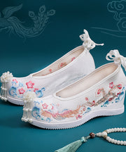 White Embroideried High Heels Shoes Wedge Satin Fabric Beautiful Lace Up High Wedge Heels