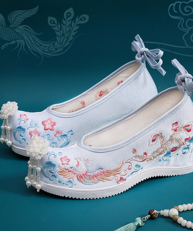 White Embroideried High Heels Shoes Wedge Satin Fabric Beautiful Lace Up High Wedge Heels