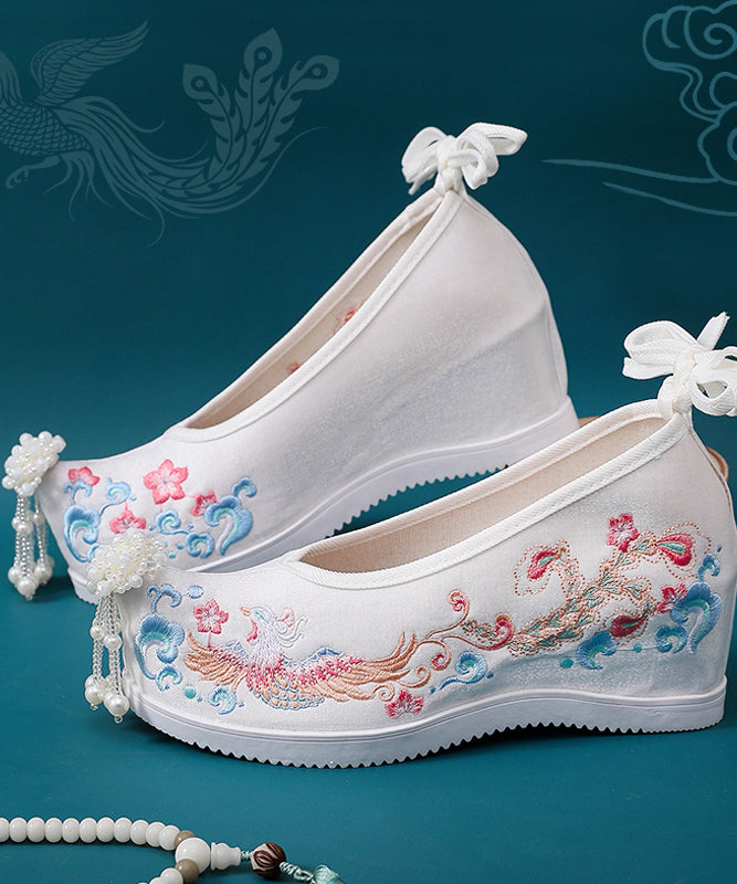 White Embroideried High Heels Shoes Wedge Satin Fabric Beautiful Lace Up High Wedge Heels