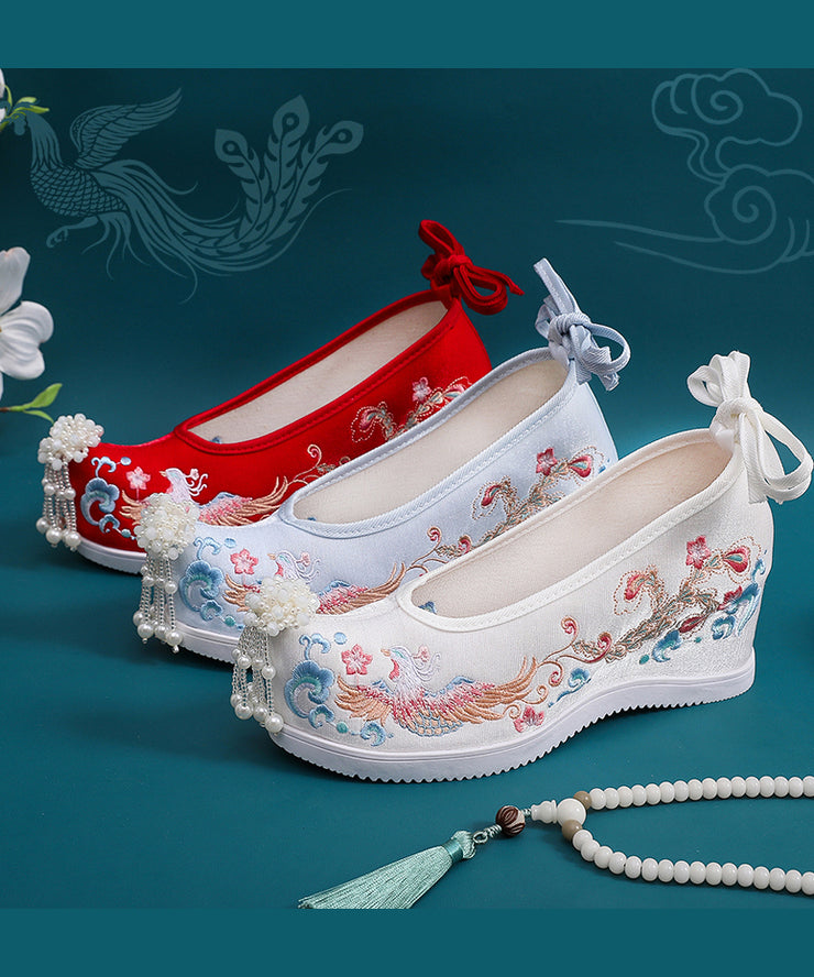 White Embroideried High Heels Shoes Wedge Satin Fabric Beautiful Lace Up High Wedge Heels